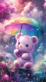 Sweet fluffy bear under a rainbow umbrella in the rain.