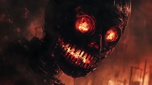 Burning metal skull with glowing eyes in fiery darkness.