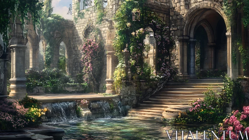 Fantasy stone cloister garden with cascades and arches.