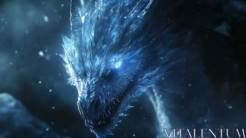 Cryogenic blue ice dragon head in cinematic close-up profile