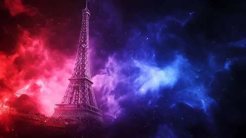 Eiffel Tower silhouette against magenta and cobalt nebula sky