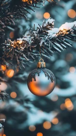Frosted silver bauble on snow laden Christmas fir branch