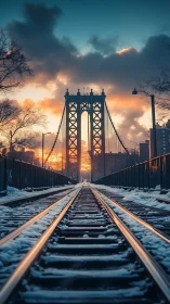 Snow covered railway leading toward steel suspension bridge.