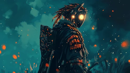 Masked wanderer stalks emberlit battlefield under teal sky.