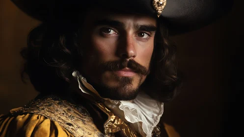 Velvet-mantled cavalier in golden light and solemn gaze.