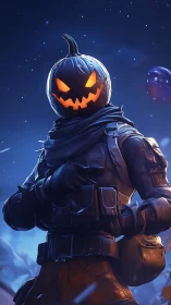 Armored jack o lantern soldier under moonlit winter sky
