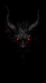 Demonic horned entity portrait with glowing red eyes, black void