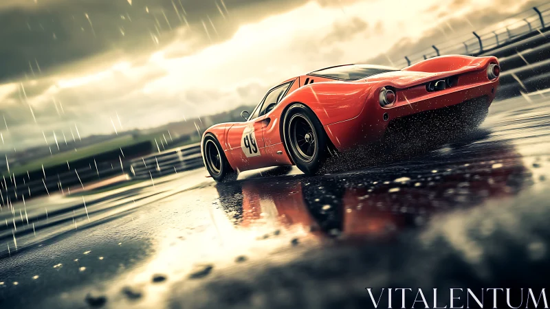 Red race car slices through wet track under stormy skies.