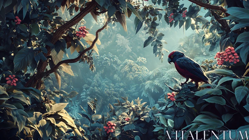 Volumetric-lit jungle canopy with perched red-black parrot.