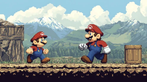 Pixel hero strides through a nostalgic mountain landscape