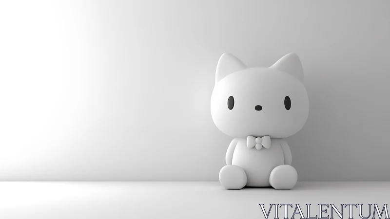 Bow-tied kitten sculpture in a whisper-white void.