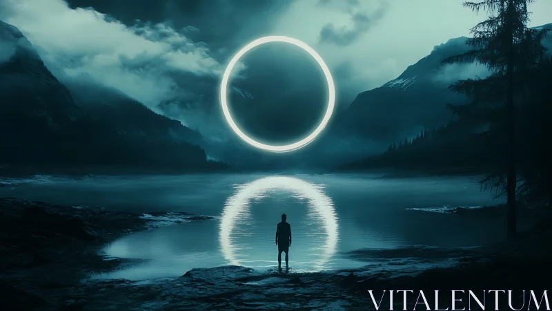 Glowing circle hovers above a misty lake as a lone figure waits