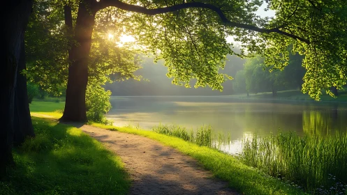 Shaded lakeside path under leafy trees at low sunlight period.