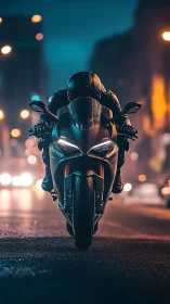 Sport bike rider cuts through cinematic neon city streets.