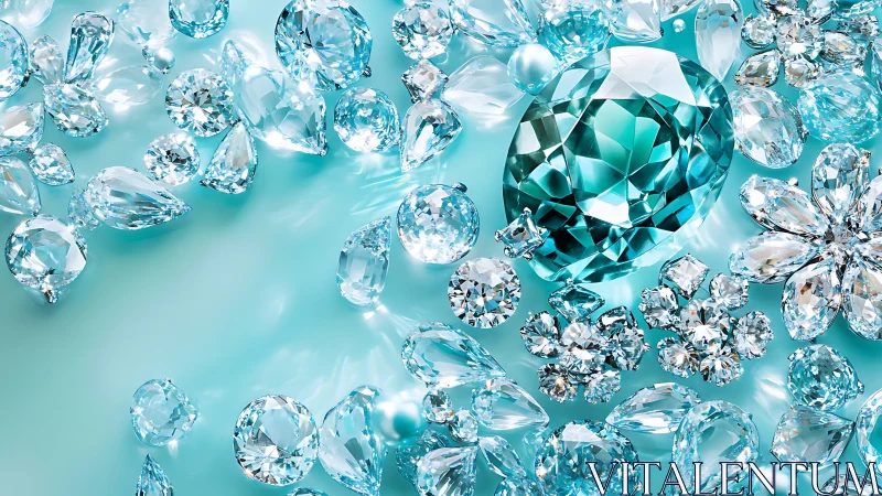 Turquoise gemstone cluster reflects light across icy surface
