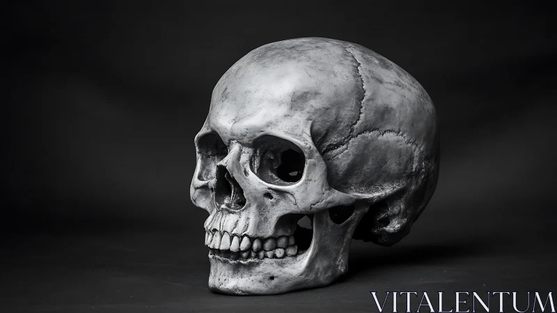 Human skull study under dramatic chiaroscuro studio light.