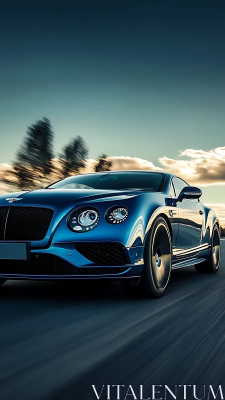 Luxury blue grand tourer in dynamic sunset motion shot.