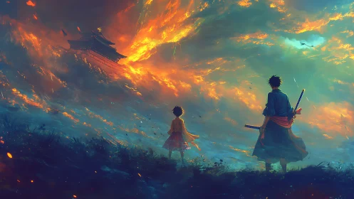 Stormlit samurai guardians beneath a burning horizon sky.