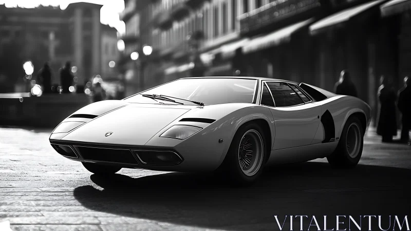 Classic white sports car parked on a city street at dusk.