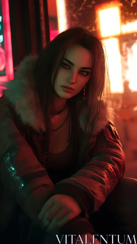 Neon lit woman in fur lined jacket on city street at night.