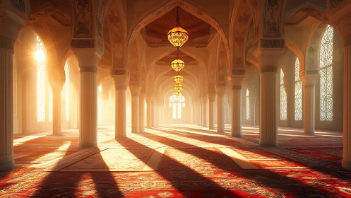 Sunlit arches and ruby carpets in a quiet palace hall.