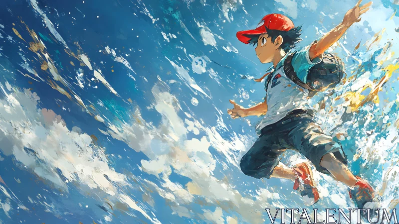 Dynamic anime boy leaping through painterly blue sky