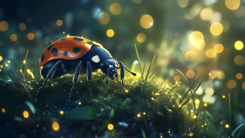 Macro 3D ladybug study with luminous bokeh field lighting.