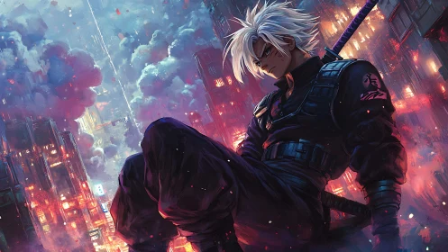 White haired cyberpunk swordsman above neon drenched megacity