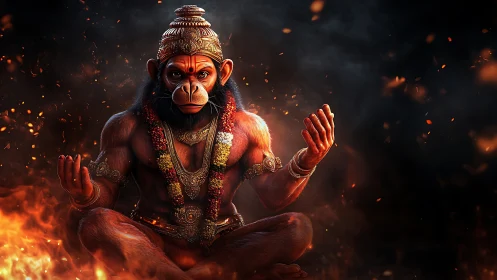 Firelit monkey deity meditates amid swirling embers of night.