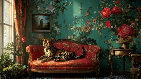 Leopard on Ornate Red Sofa in Turquoise Floral Room.