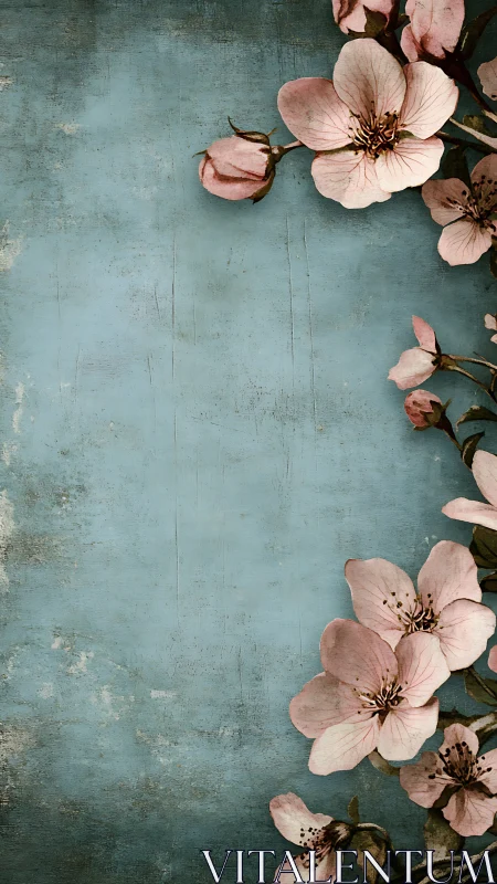 Soft pink blossoms rest gently on a weathered blue wall