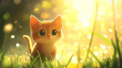 Golden backlit kitten in dreamy sunlit meadow scene.