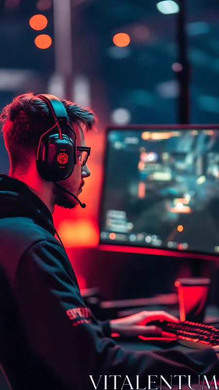 Esports operator in neon-lit workstation with tactical HUD focus.