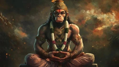 Divine monkey warrior sits in molten stormlit silence.