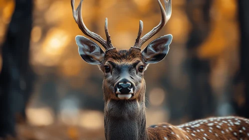 Telephoto portrait of spotted stag in shallow depth woodland glow.