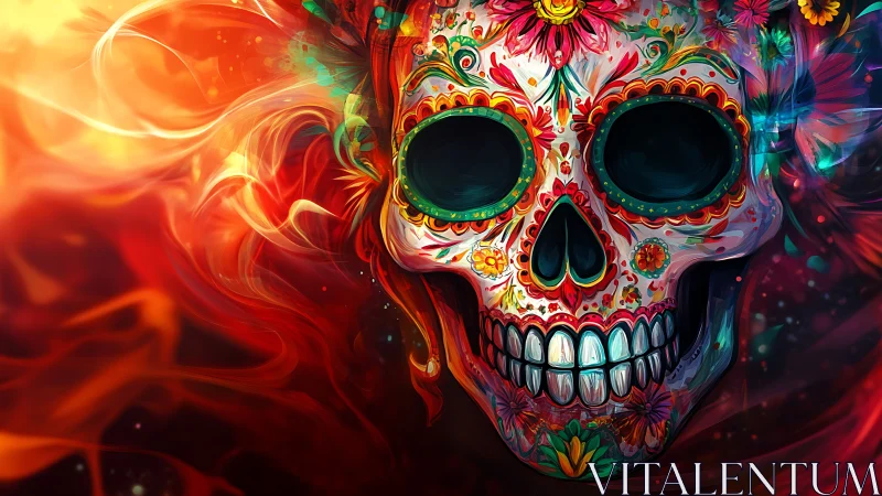 Radiant sugar skull swirling with fiery festive color.