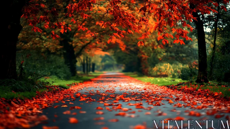 Shallow-depth autumn lane captures receding vanishing-point perspective