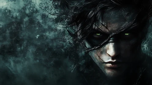 Brooding green-eyed antihero emerging from shadowed mist.