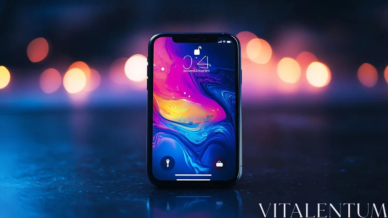 Smartphone with Vibrant Digital Wallpaper and Bokeh Lights