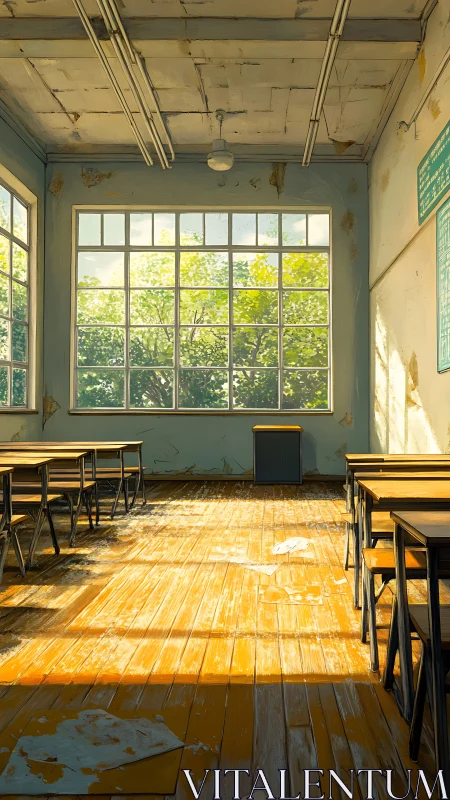 Sunlit empty classroom interior with worn wooden floor