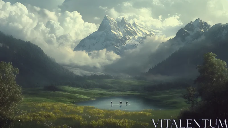 Snowcrowned giant watches riders cross a mirror lake.