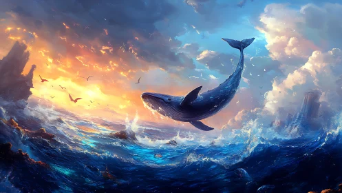Majestic whale leaps through glowing stormlit ocean sky