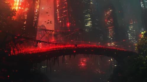 Red-lit cyberpunk bridge crossing decayed neon cityscape.