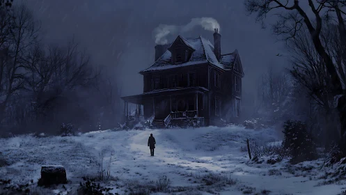 Solitary figure approaches snowbound Victorian manor at night