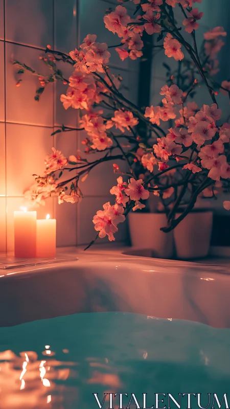Candlelit petals hovering over a dusk-blue bathtub haven.