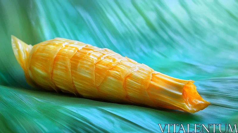 Glossy peeled corn cob glows against flowing teal backdrop