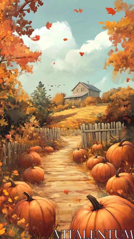 Pumpkin path winding toward a golden autumn farmhouse dream.