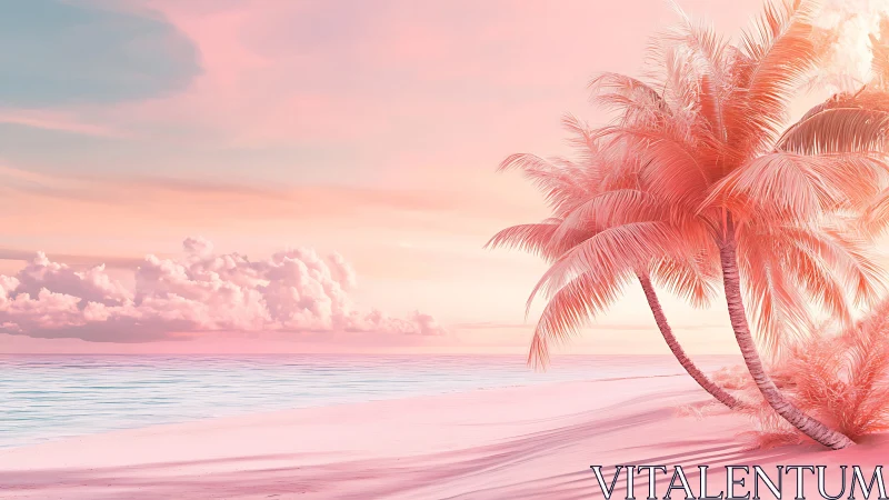 Tropical Coastline with Coconut Palms at Sunset.