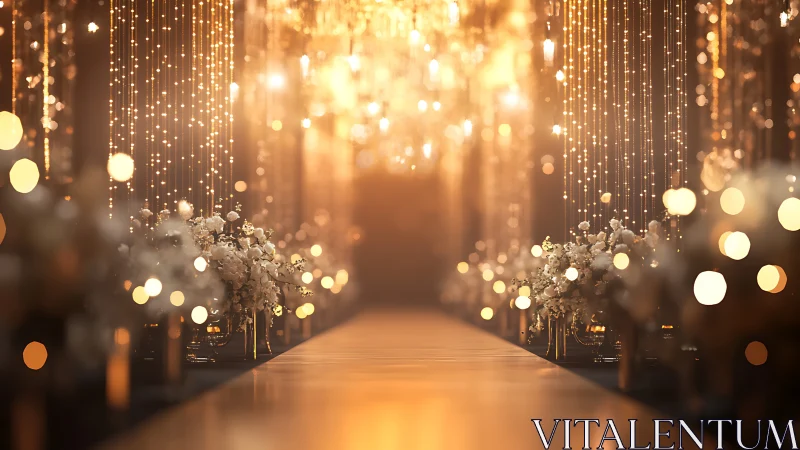 Golden wedding aisle with floral arrangements and lights.