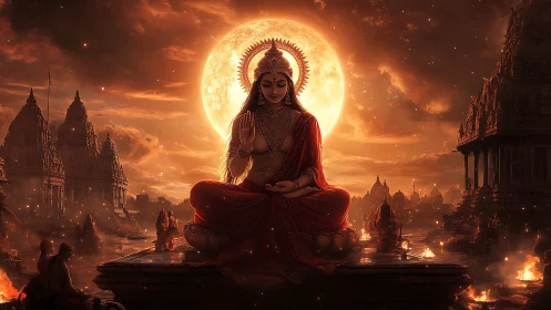 Divine goddess meditation under blazing celestial sun.